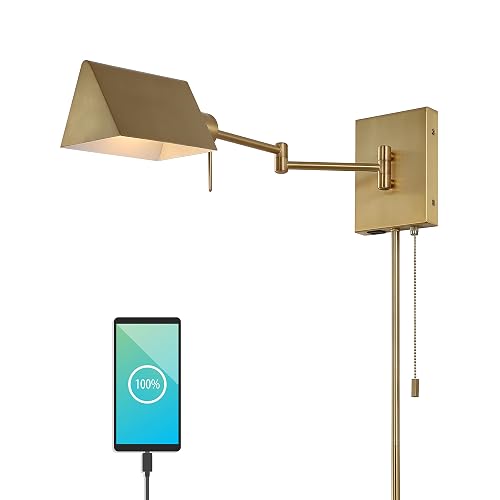 JONATHAN Y 22" Brass Gold Swing Arm Wall Sconce, Plug-in or Hardwired with USB Charging Port and Pull Chain, Iron Shade, Industrial LED Reading Lamp