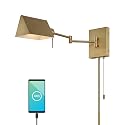 JONATHAN Y 22" Brass Gold Swing Arm Wall Sconce, Plug-in or Hardwired with USB Charging Port and Pull Chain, Iron Shade, Industrial LED Reading Lamp