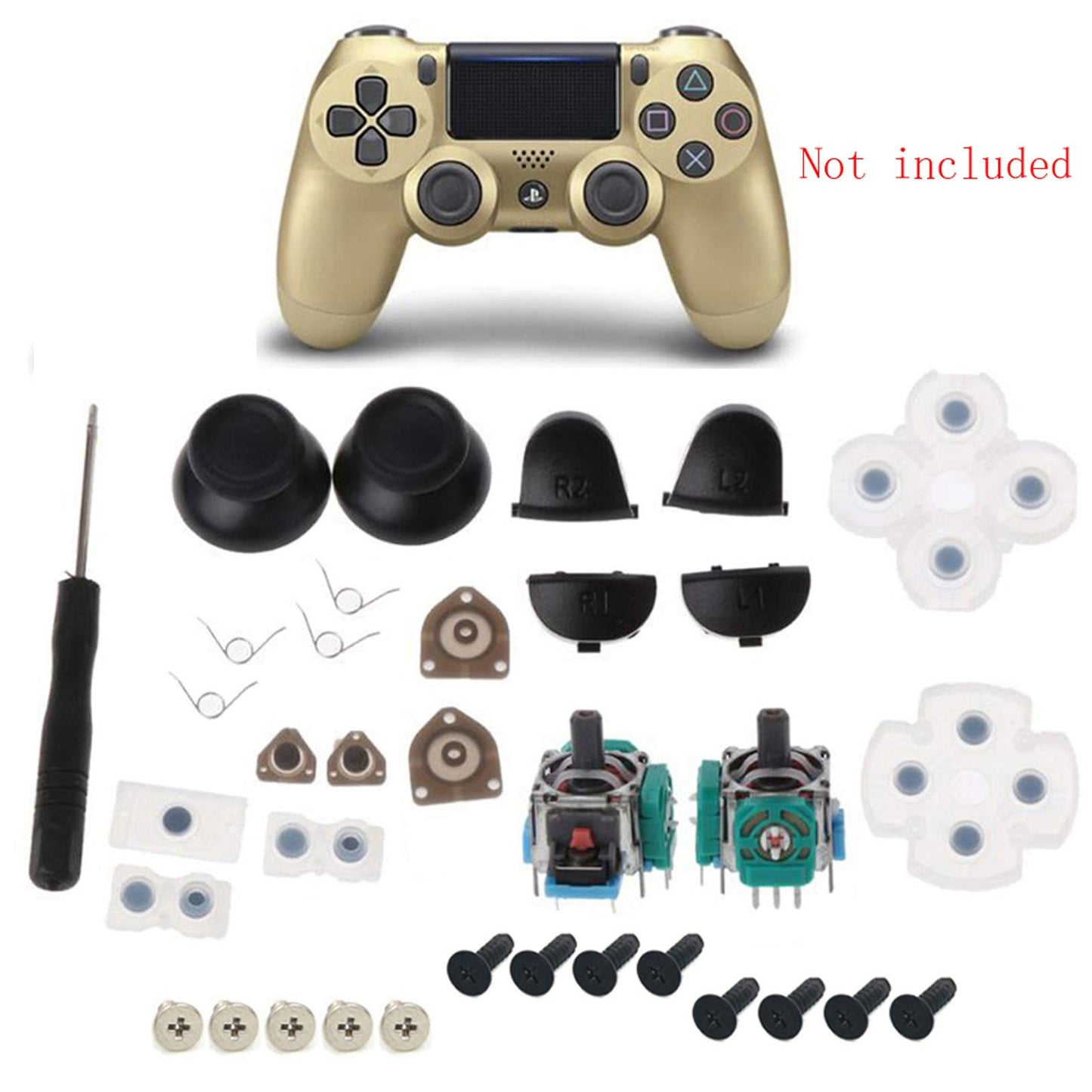 Onyehn L1 R1 L2 R2 Trigger Springs Replacement Parts Buttons,3D Analog Joysticks Thumb Sticks Cap Conductive Rubber Screwdriver Kit for PlayStation 4
