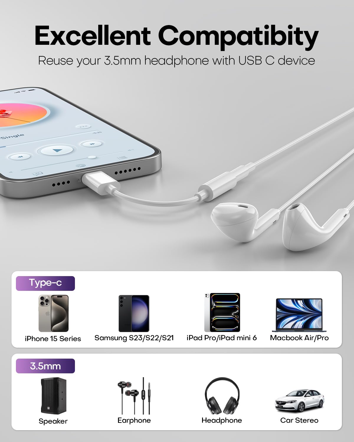 USB C to 3.5mm Audio Headphone Jack Adapter (2Pack), Aux to USB C Dongle Cord Cable Compatible with iPhone 17/16/15, iPad Pro, Samsung Galaxy S25 S24