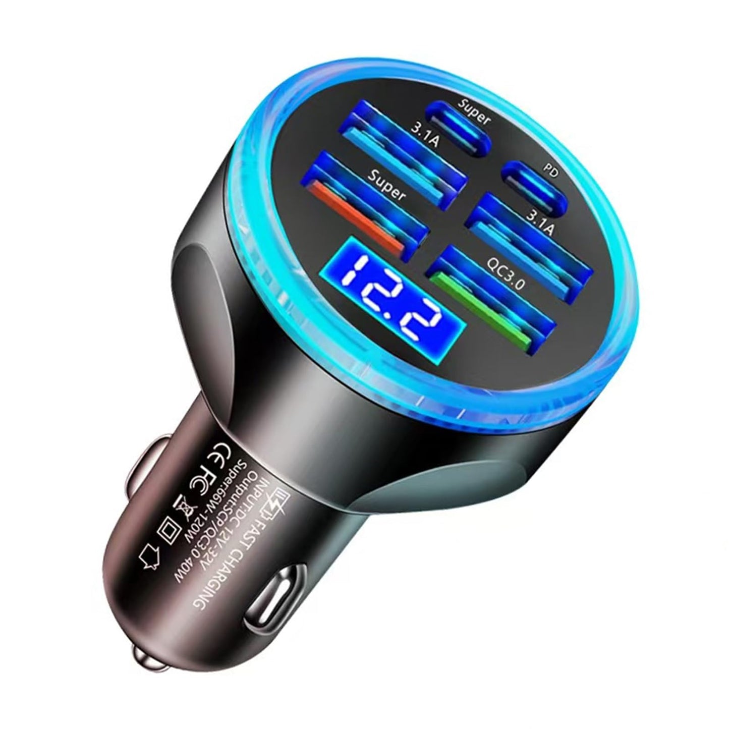 Full PD 30W Multi Port USB C Car Charger Adapter 6 in 1 with Voltage Display, PD4.0/QC4.0/PPS/AFC Super Fast Charging Cigarette Lighter Adapter