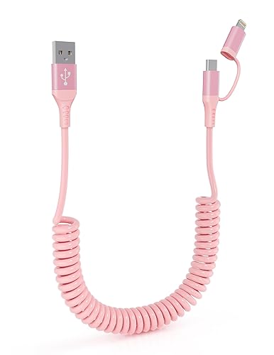 2-in-1 Coiled USB-C & Lightning Pink iPhone Car Charger - Pink Charger for iPhone 16/15/14/Android, Apple CarPlay & Android Auto Supported, Short…