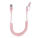 2-in-1 Coiled USB-C & Lightning Pink iPhone Car Charger - Pink Charger for iPhone 16/15/14/Android, Apple CarPlay & Android Auto Supported, Short…
