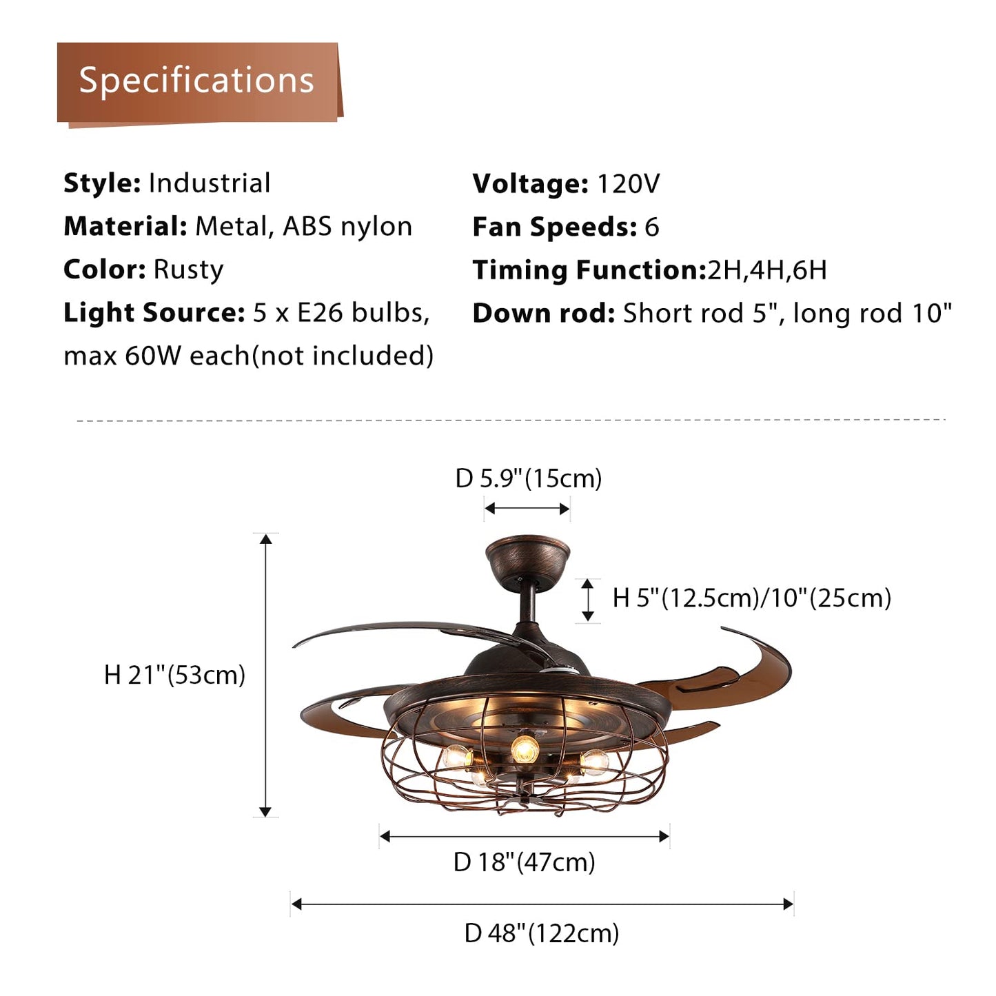 CROSSIO 48 Inches Retractable Caged Ceiling Fan with Lights, Reverse Industrial Rusty Fandelier Fan Chandelier with Remote Control for Living Room