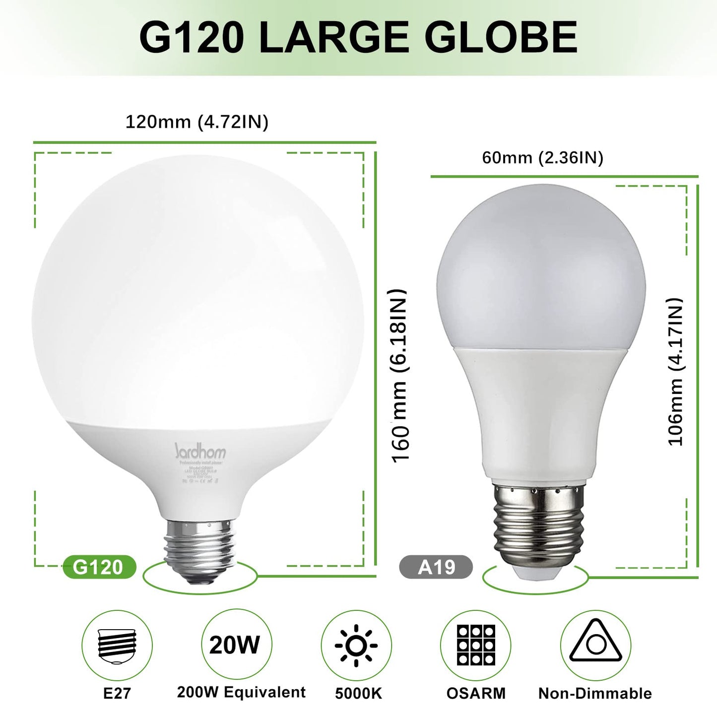 Jardhom Led Light Bulb, G120 Globe Light Bulbs, 18WLight Bulbs 3000k Daylight Dimmable Bulb, E26 BaseLarge Lamp,1800 Lumen, for Decoration Lighting