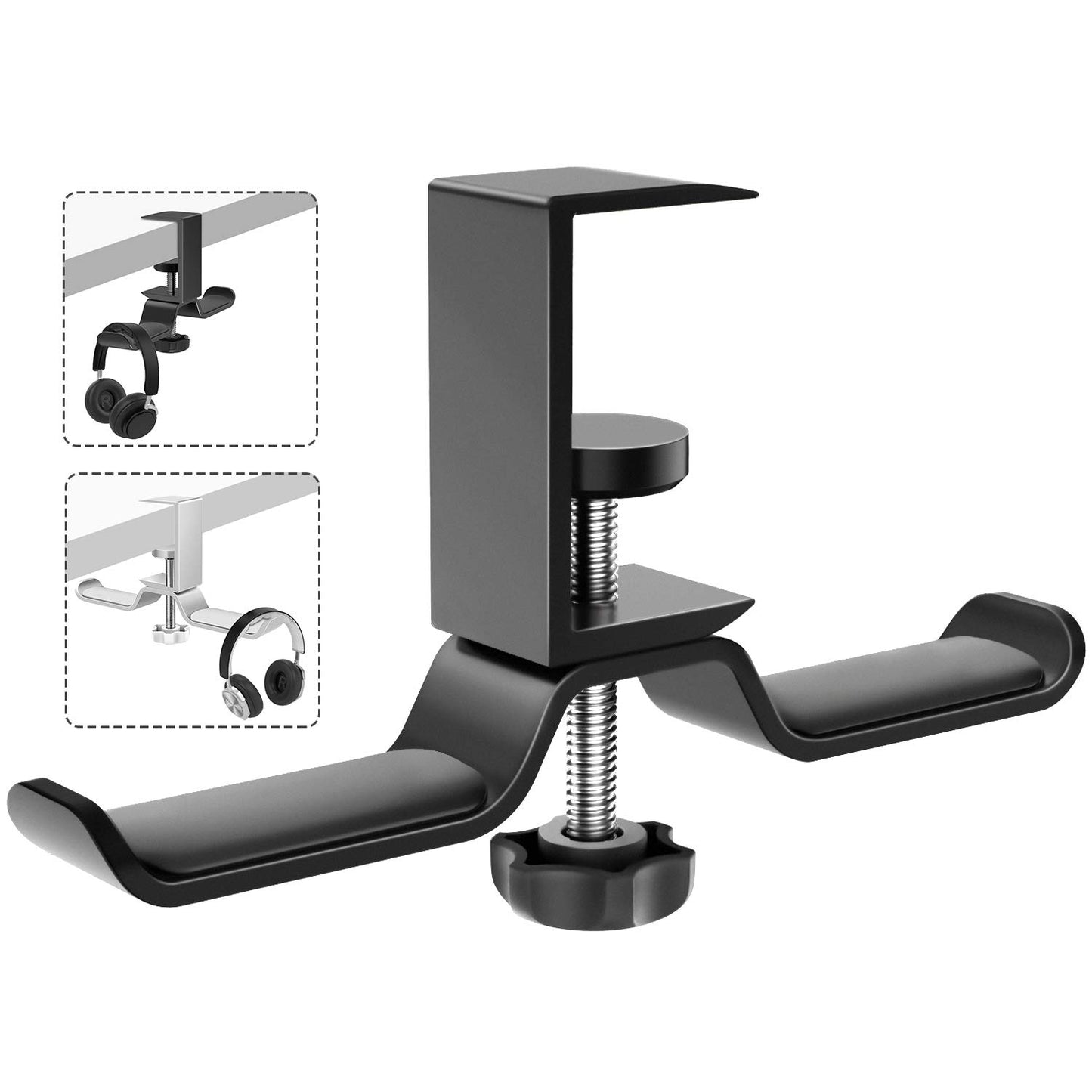 MoKo Headphone Hanger, Aluminum 360° Rotating Dual Headphone Stand Under Desk Headset Holder Earphone Mount with Adjustable Clamp for All