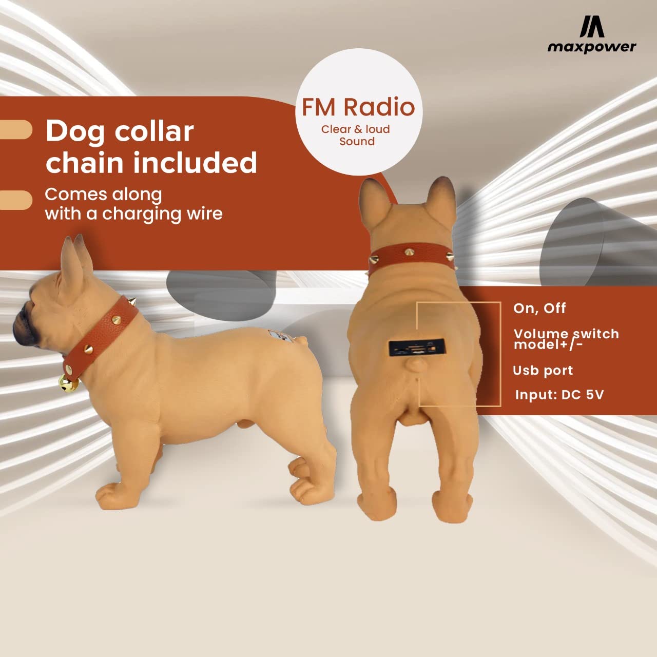 Max Power Bulldog Style Bluetooth Speaker - MD568 - Rechargeable, FM Radio, Brown - Dog Collar Included