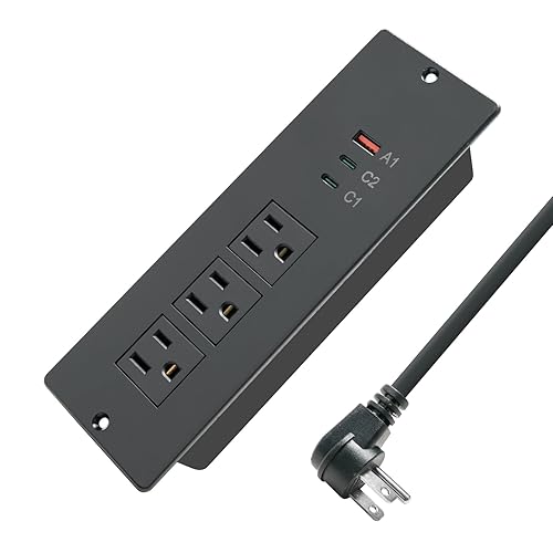 45W Recessed Power Strip USB C, Flush Mount Desk Extender 3 AC Outlets 2 PD USB-C&1 Fast Charge USB-A Ports,Flat Plug Extension Cord for Drawer