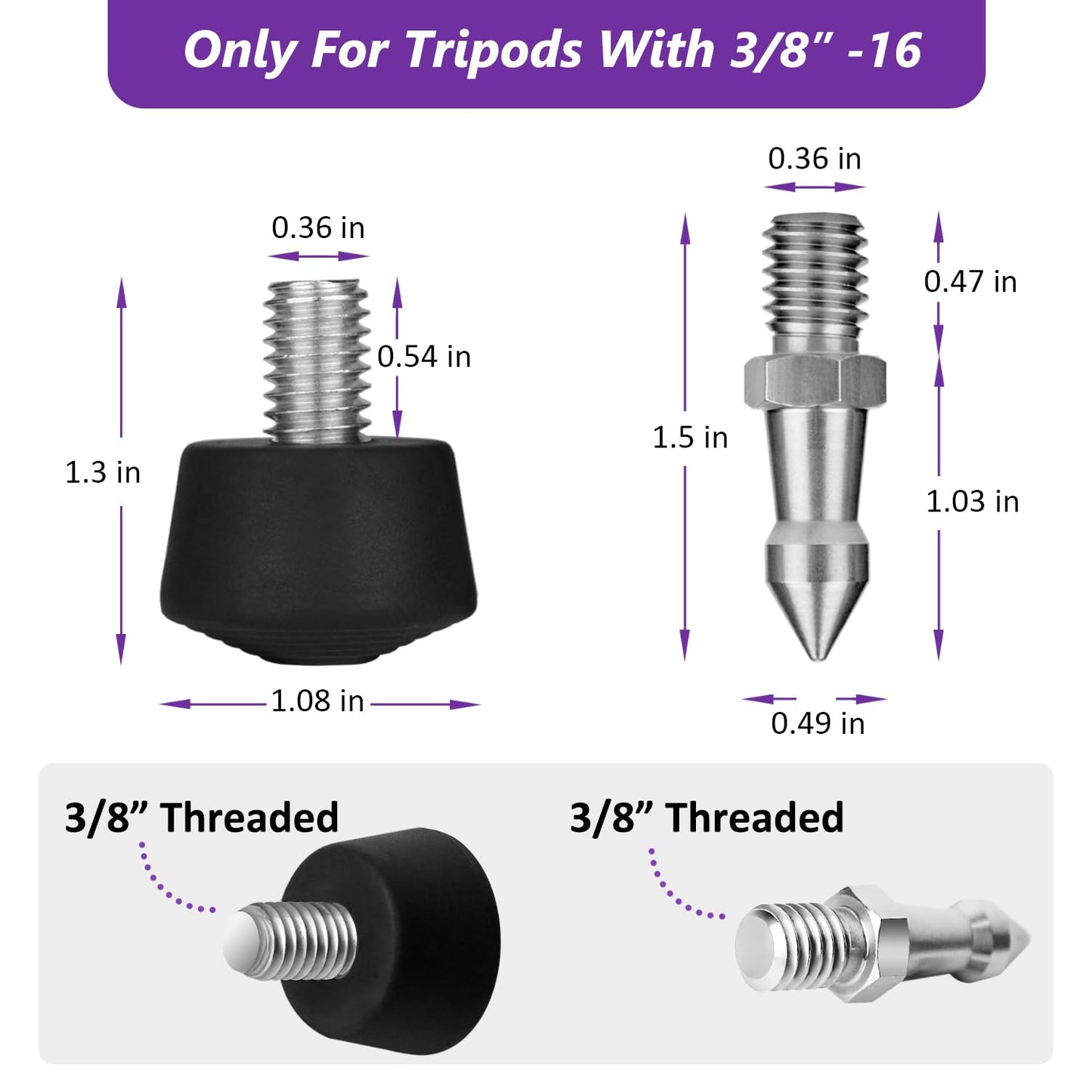 Rigych 6 Pcs Tripod Spike Feet - 3/8-16 Thread, Rubber & Stainless Steel Spike Feet, Universal Anti-Slip