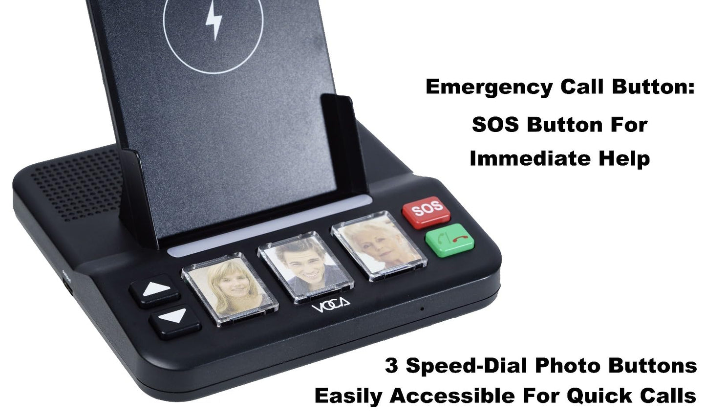 VOCA EC100 Cell phone stand with Wireless Speaker, 3 Speed-Dial Photo Buttons, Emergency Call, SOS Button, Speed Dial, Hands-Free, Easy Setup