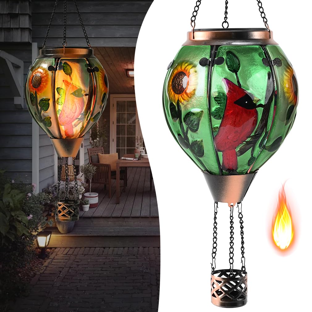 Hot Air Balloon Solar Lantern - Cardinal Bird Glass Lantern, Simulated Flickering & Dancing Flame, Outdoor Hanging Yard Light Waterproof IP65
