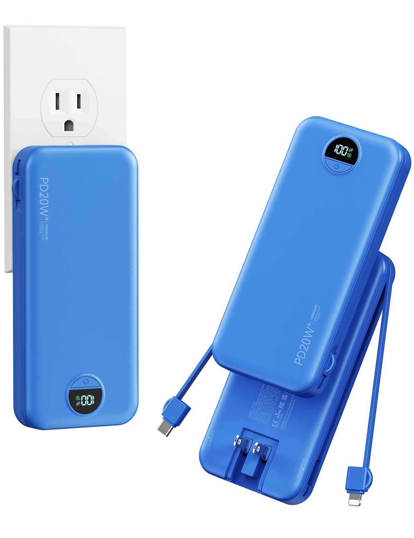 10000mAh Ultra-Portable-Charger-Power-Bank with Built in Cables&AC Wall Plug, PD20W USB-C Fast Charging Cell Phone Charger Battery Pack,LED Display