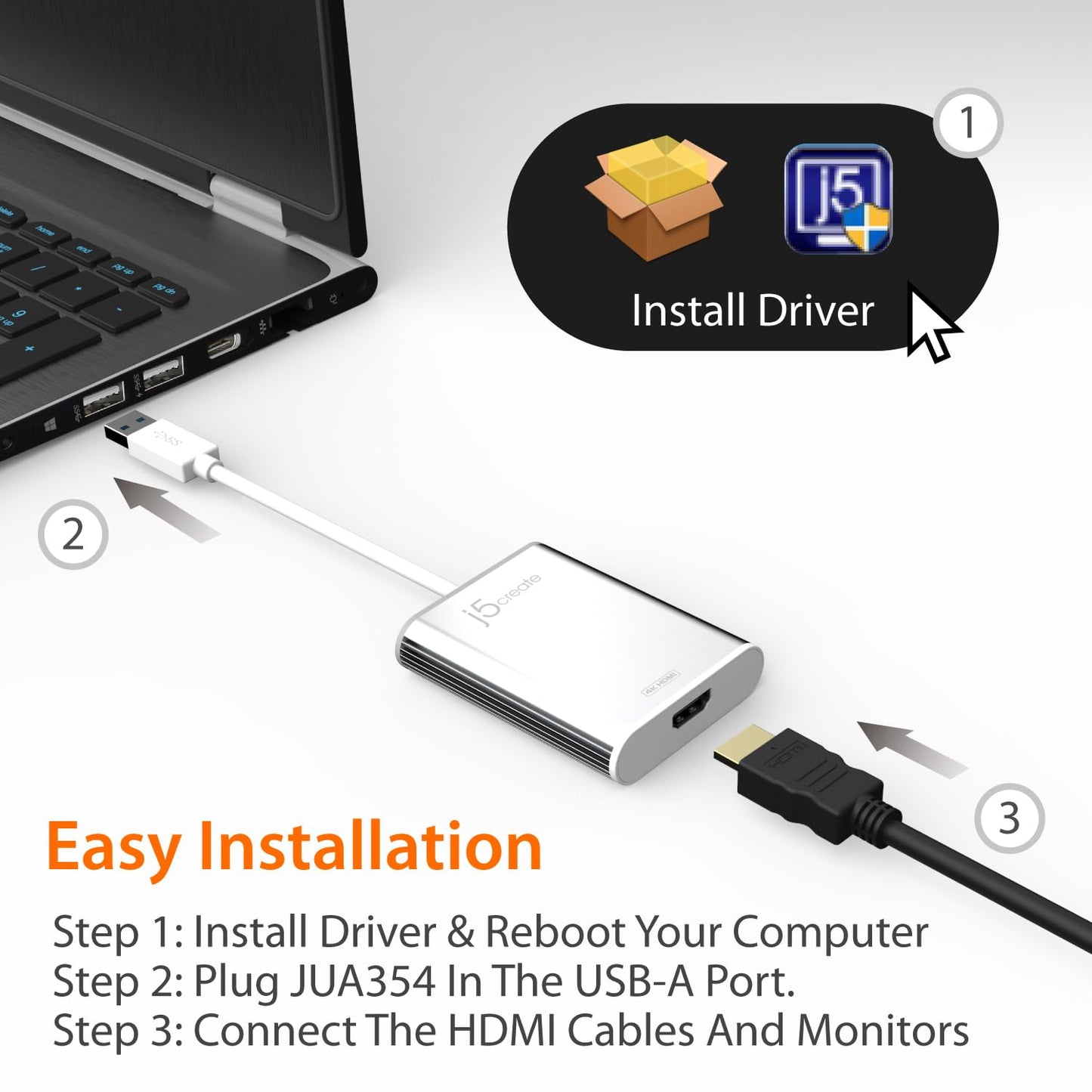 j5create USB 3.0 to 4K HDMI Display Adapter USB 3.0 Male Type-A Connector | HDMI Female Connector | 4K UHD | Resolution Up to 3840 x 2160 @ 30 Hz |