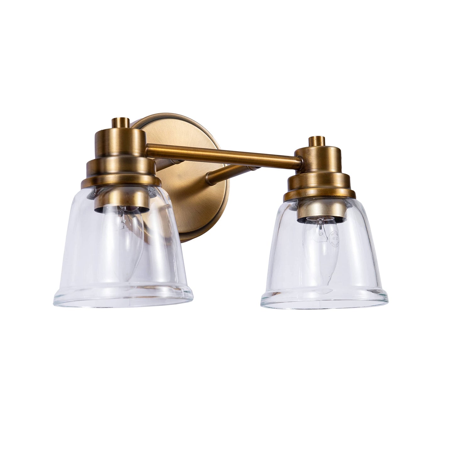 Aspen Creative 62284, Bathroom Vanity 2 Lights Fixture, 12-3/4" W x 7-7/8" H x 6-3/4" E, Warm Brass Finish, Clear Glass, Bulb Not Included
