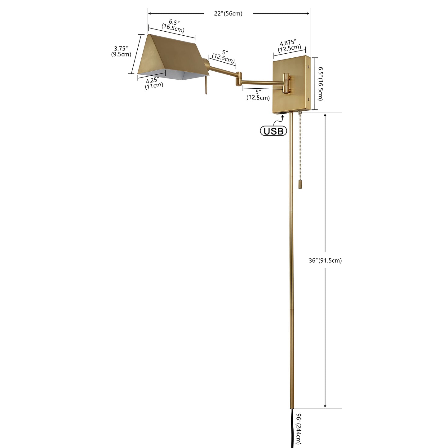 JONATHAN Y 22" Brass Gold Swing Arm Wall Sconce, Plug-in or Hardwired with USB Charging Port and Pull Chain, Iron Shade, Industrial LED Reading Lamp