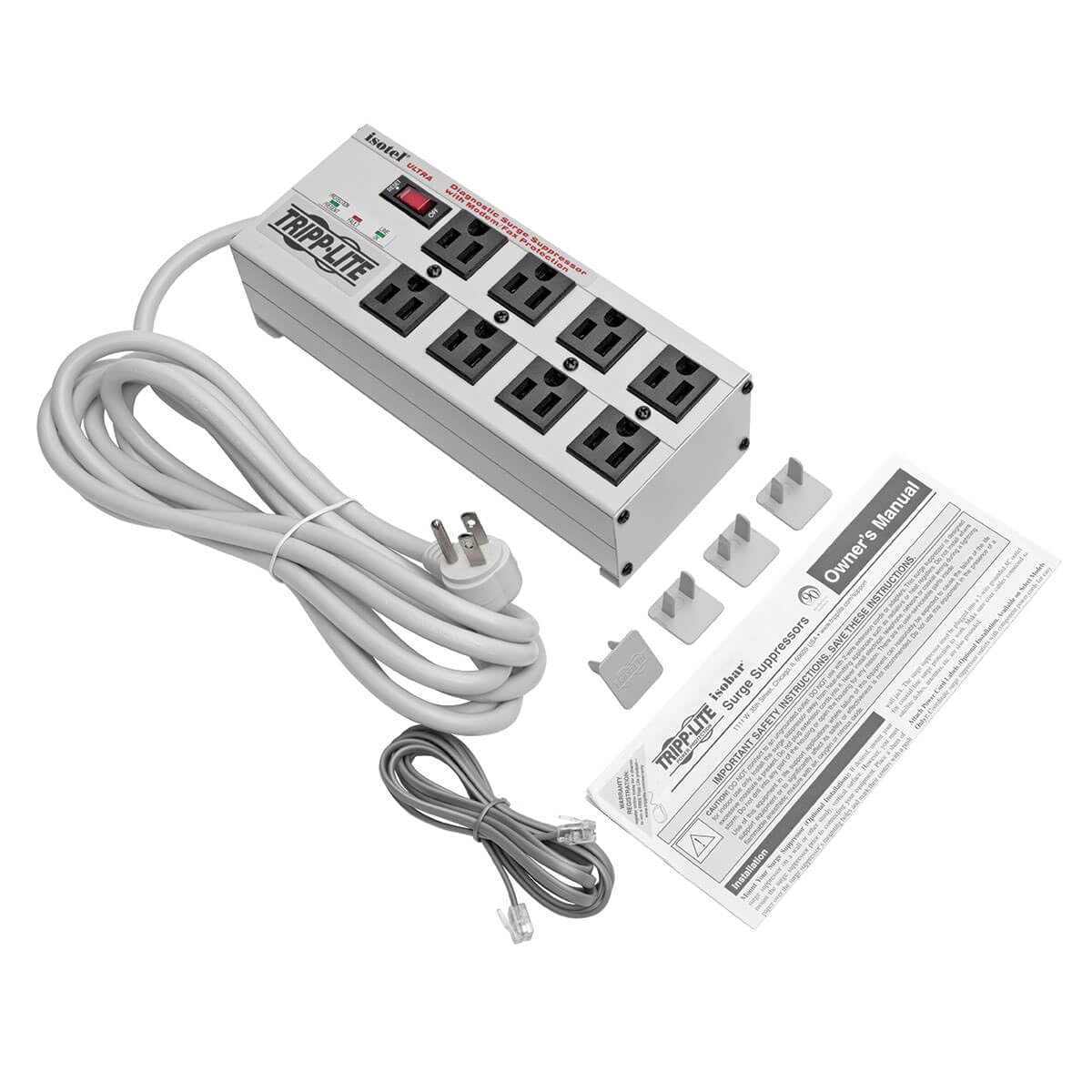 Tripp Lite Isobar 8 Outlet Surge Protector Power Strip, 12ft. Cord, Right Angle Plug, 3840 Joules, Diagnostic LEDs, Tel/Fax/Modem, Metal, (ISOTEL8