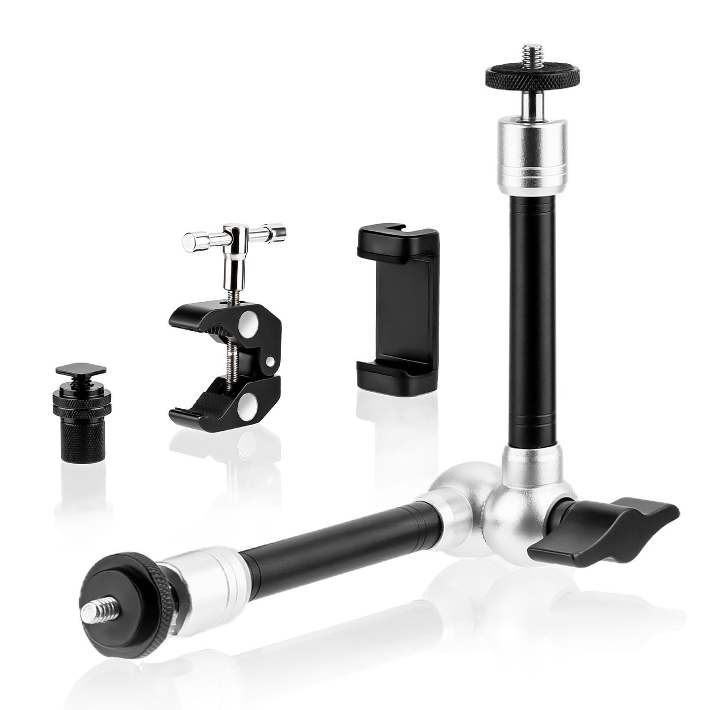 BRDRC Magic Arm Clamp Mount, 9.8" Articulating Extension Arm with 1/4" and 3/8" Thread, with Cold Hot Shoe Adapter, Phone Holder for Tripod DSLR