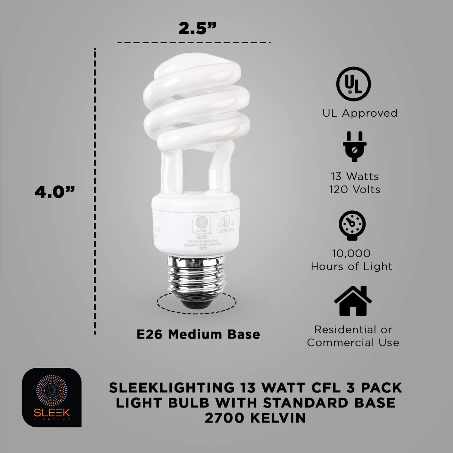 SLEEKLIGHTING E26 Standard Screw Base 13W Spiral CFL Light Bulb Warm White