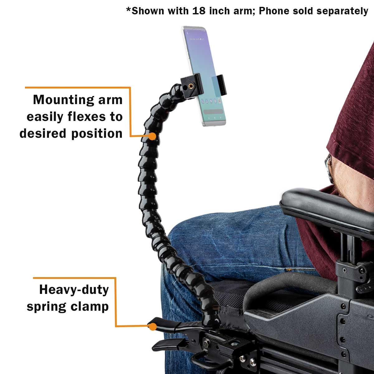 MOGO ModularHose Assistive Technology Phone Holder with Heavy-Duty Spring Clamp (Opens to 2"), 24 Inch Arm