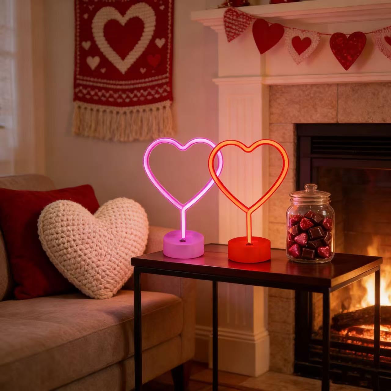 EMINGSKY Red & Pink Heart Neon Signs 2 Pack, LED Wall Light for Room Decor