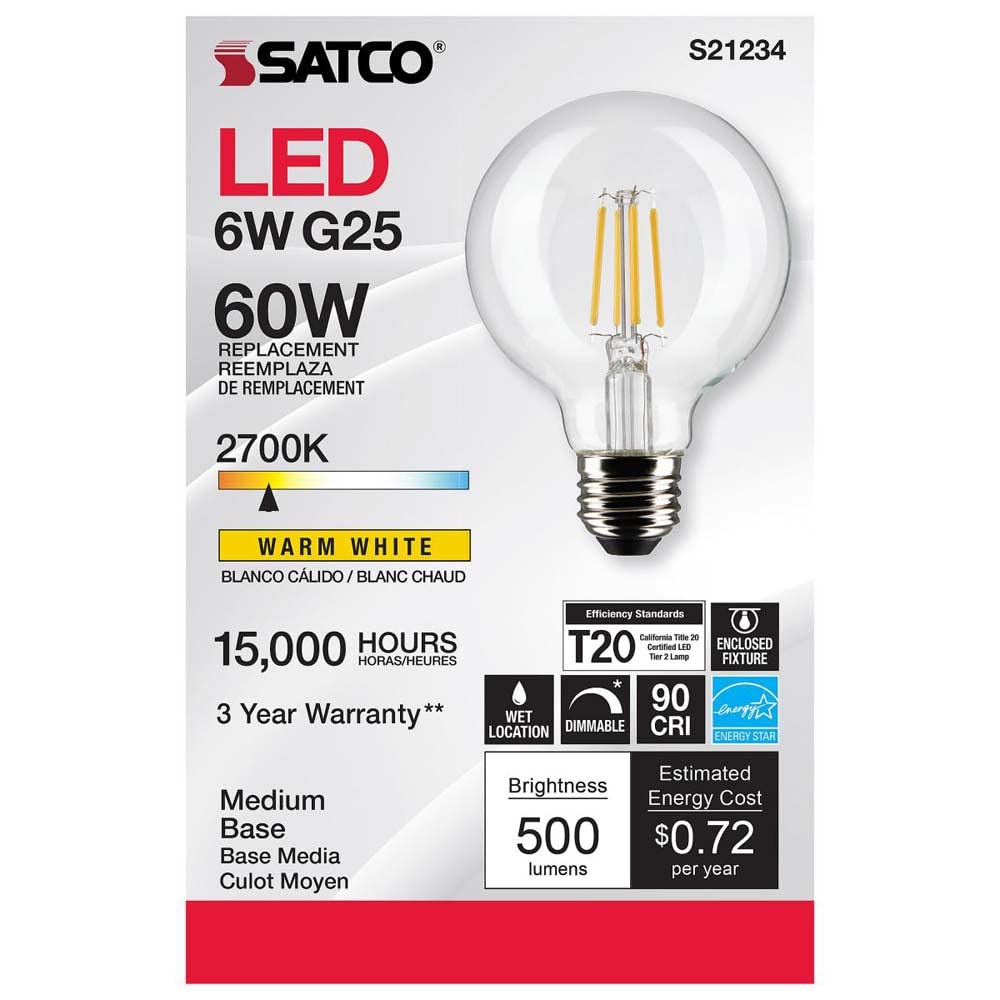 Satco S21234 6 Watt LED G25 Clear Globe Filament Light Bulb 2700K Warm White Dimmable E26 Medium Base Wet Location 120V - 6 Pack