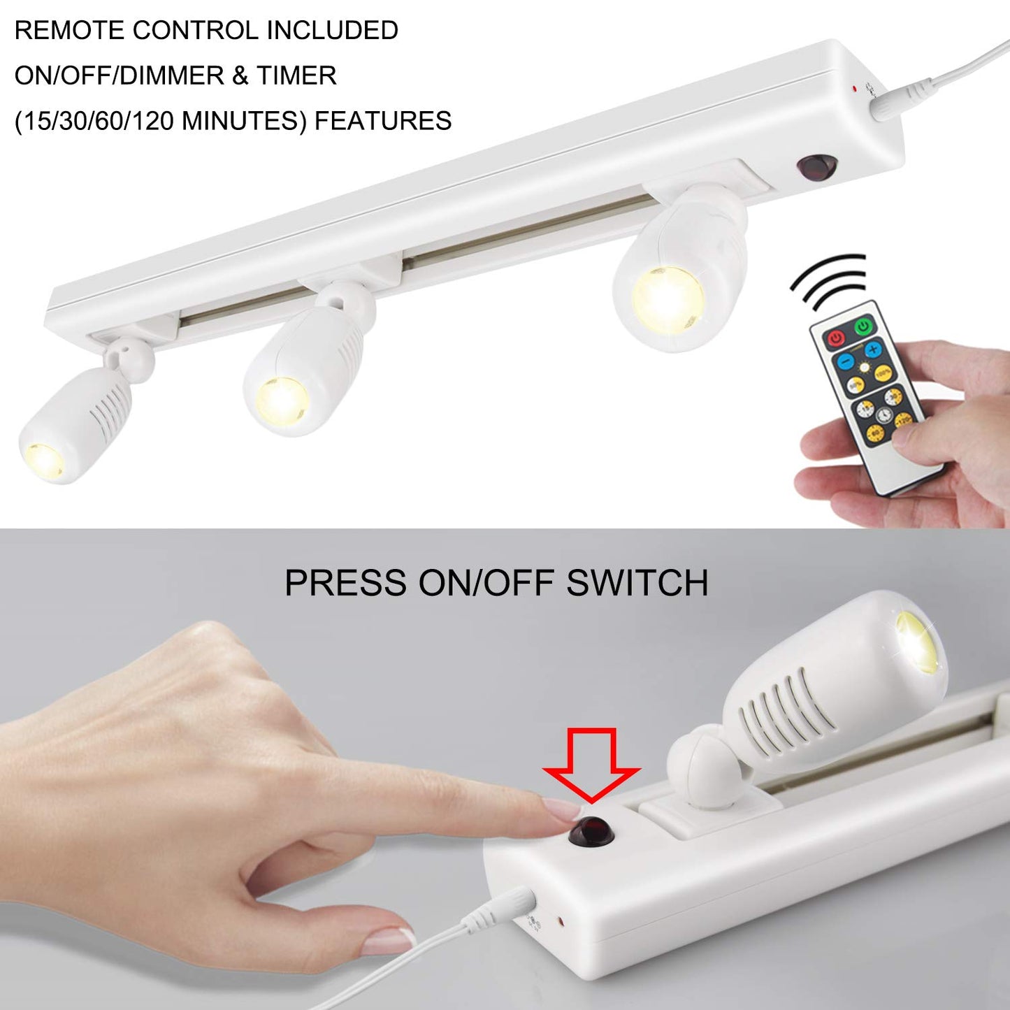 HONWELL Track Lighting LED Spotlights with 3 Rotatable Lights Heads, Under Cabinet Counter Lighting Plug in Accent Lights Remote Controlled Ceiling
