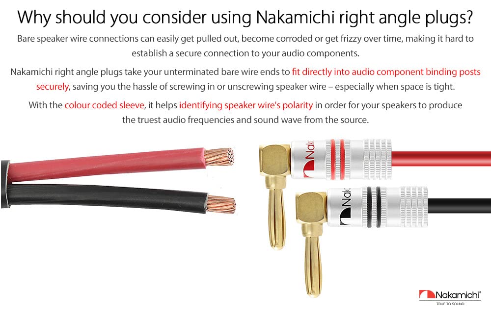 Nakamichi Excel Series 24k Gold Plated Right Angle Banana Plug 12-18 AWG Gauge Size 4mm for Speakers Amplifier Hi-Fi AV Stereo Home Theatre Audio Wire