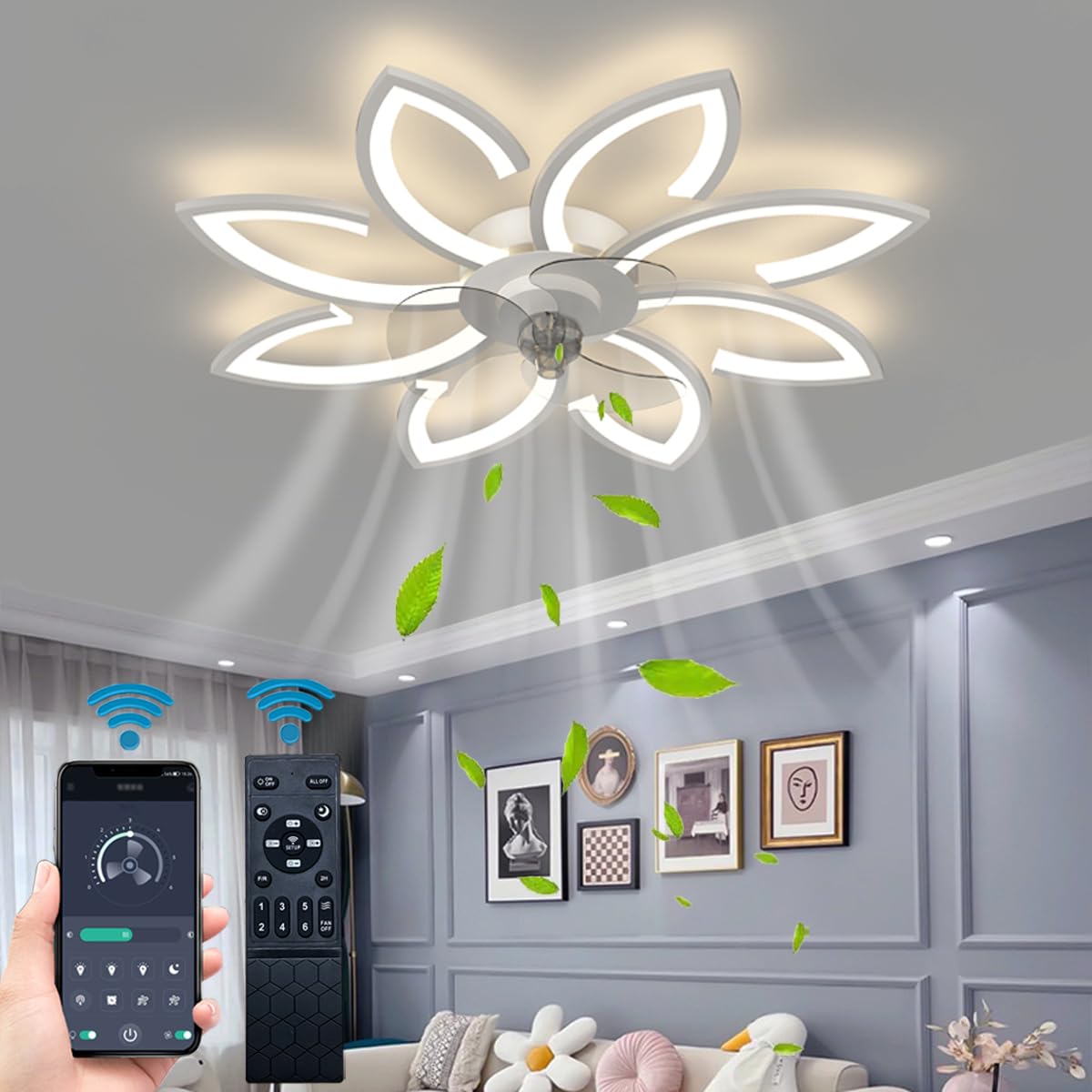BESKETIE Ceiling Fan with Lights, 35'' Bladeless, Low Profile, Flush Mount, 3 Color Dimmable LED, 6 Speeds, Remote & APP Control, Modern Design