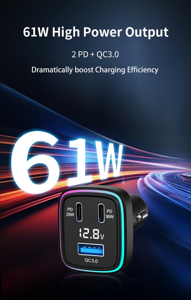 61W Super Fast Charging,Car Charger, 3-Port Cigarette Lighter Adapter, PD 35W & 25W USB C, QC 3.0 USB-A, 12V-24V, Voltage Display, 9-Layer Safety