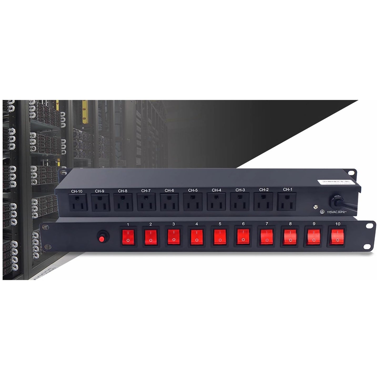 10 Outlets 15 Amps 125V Power Strip 19" 1U Rack Mount PDU Surge Protector and Switch Control 1800 Joules for Network Server Racks 4.5-ft Power Cable