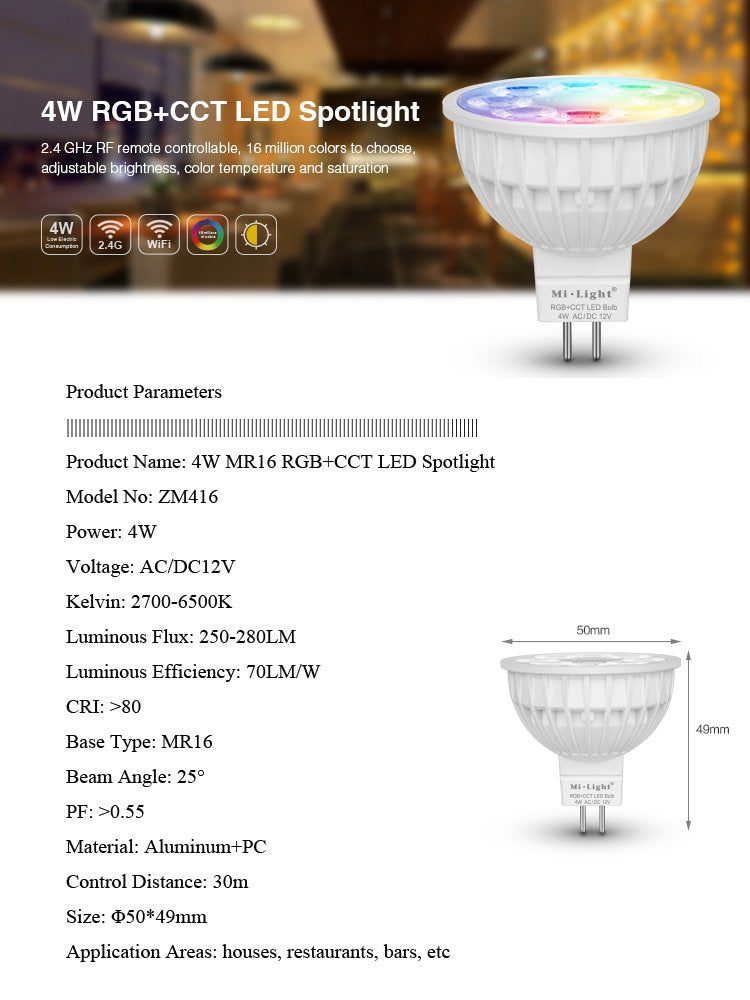 LGIDTECH FUT104 Miboxer 4W MR16 Led 2.4GHz Bulb Spotlight GU5.3 Socket AC/DC 12V RGB+CCT Color and Temperature Changeable Dimmable,But Single Bulb