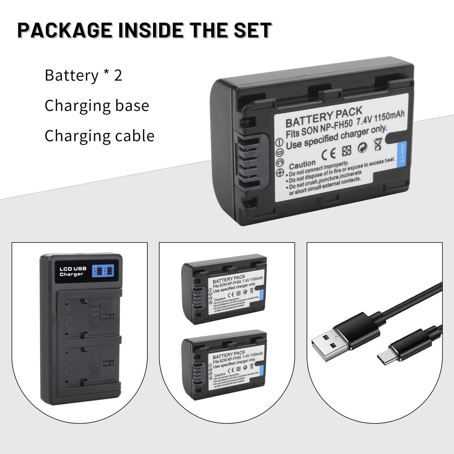 2-Pack NP-FH50 Battery with USB-C Smart LCD Dual Charger for Sony DSLRA230 DSC-HX1 DSC-HX100V HDR-TG5V DSLR-A230 DSLR-A330 DSLR-A380 DSLR-A390