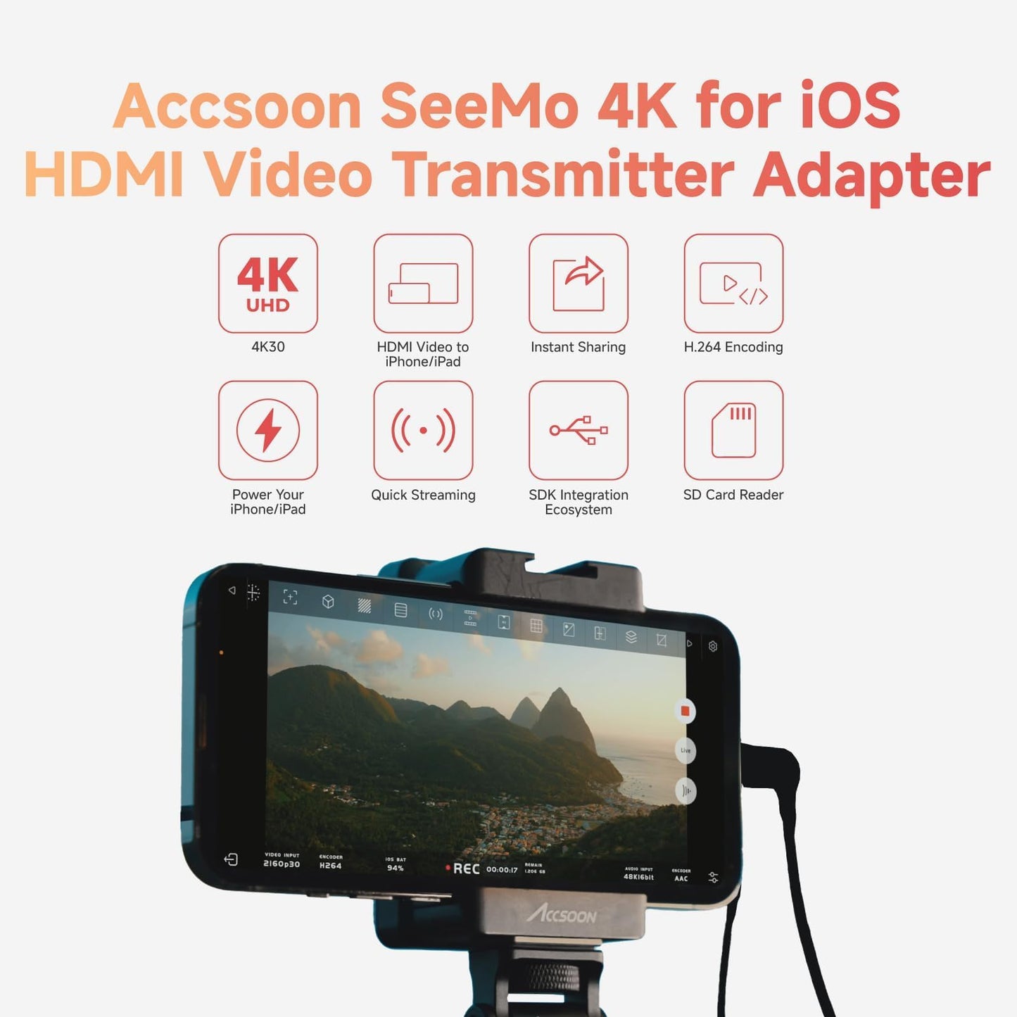 Accsoon SeeMo 4K HDMI Video Transmission for iPhone 17/16/15/14/13 iPad, 4K30/1080p60 Video Camera Transmitter Monitor, Real-time