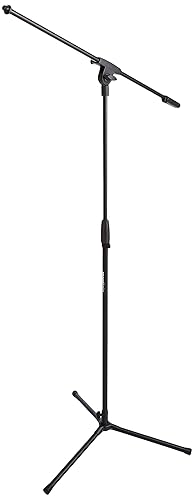 Amazon Basics Sturdy Portable Microphone Boom Arm Stand, Height Adjustable with Cable Management, Foldable Tripod Base, Up to 85.75", Black