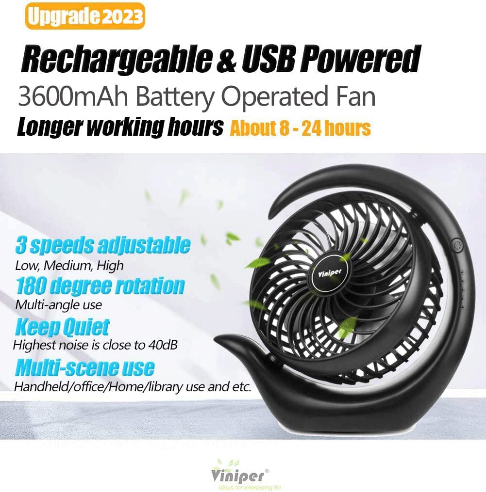 Viniper Portable Rechargeable Fan, Small Desk Fan : 3 Speeds & about 8-24 Hours Longer Working, 180 Rotation, Portable Battery Desktop Fan