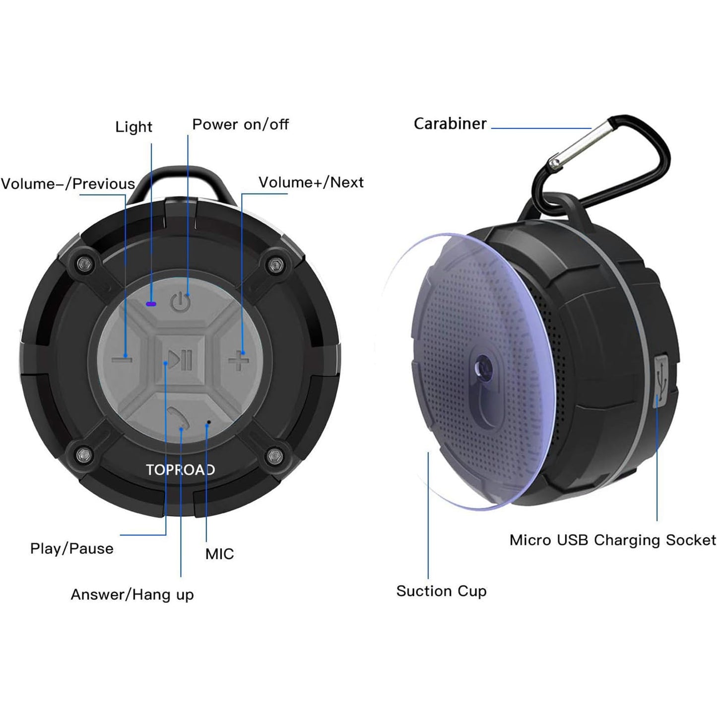 TOPROAD Portable Shower Speaker, IPX7 Waterproof Wireless Outdoor Speaker with HD Sound, 2 Suction Cups, Built-in Mic, Hands-Free Speakerphone