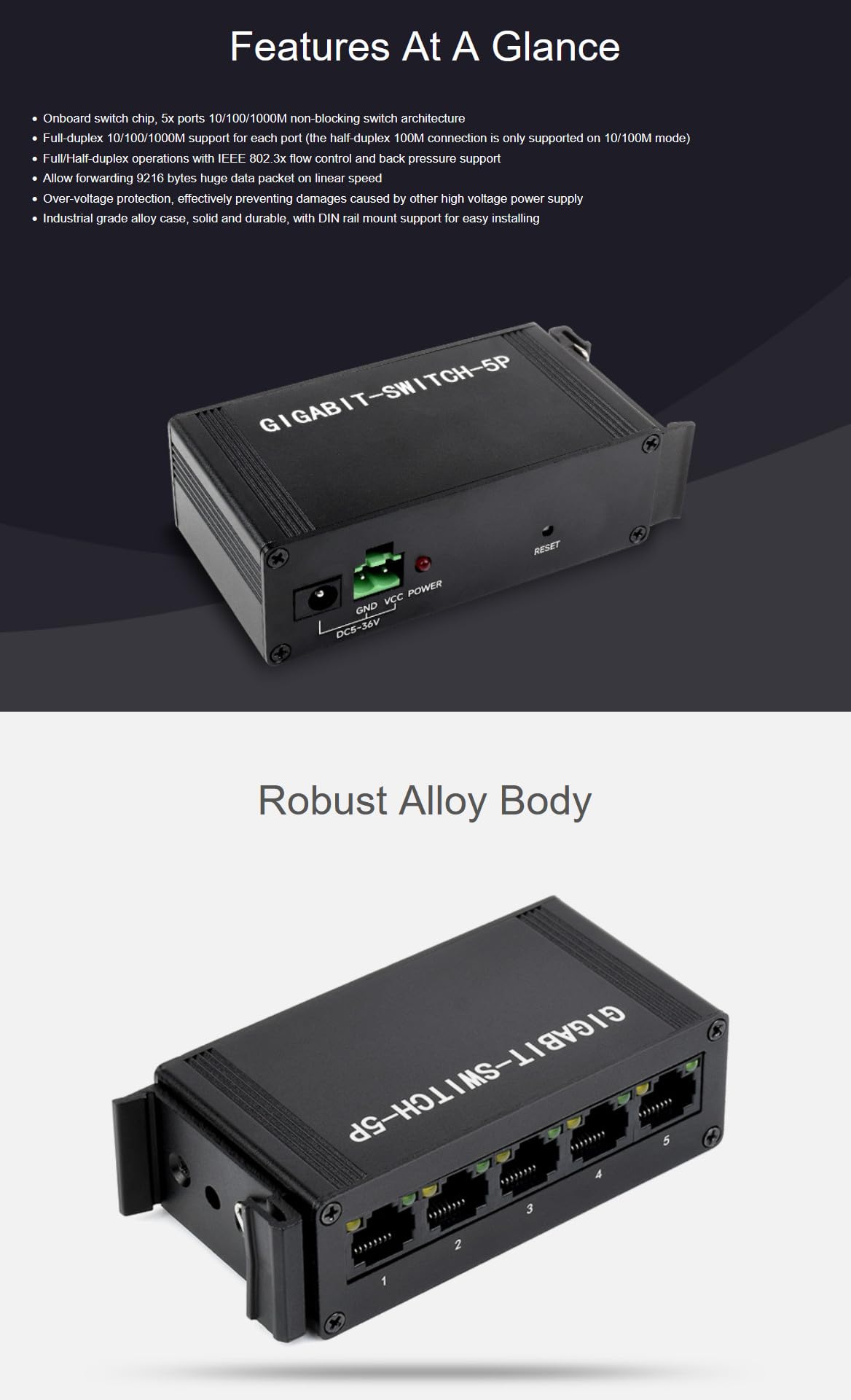 Industrial Grade 5P Gigabit Ethernet Switch IEEE 802.3X-Compliant Full-Duplex 10/100/1000M DIN Rail Mount Connection @XYGStudy