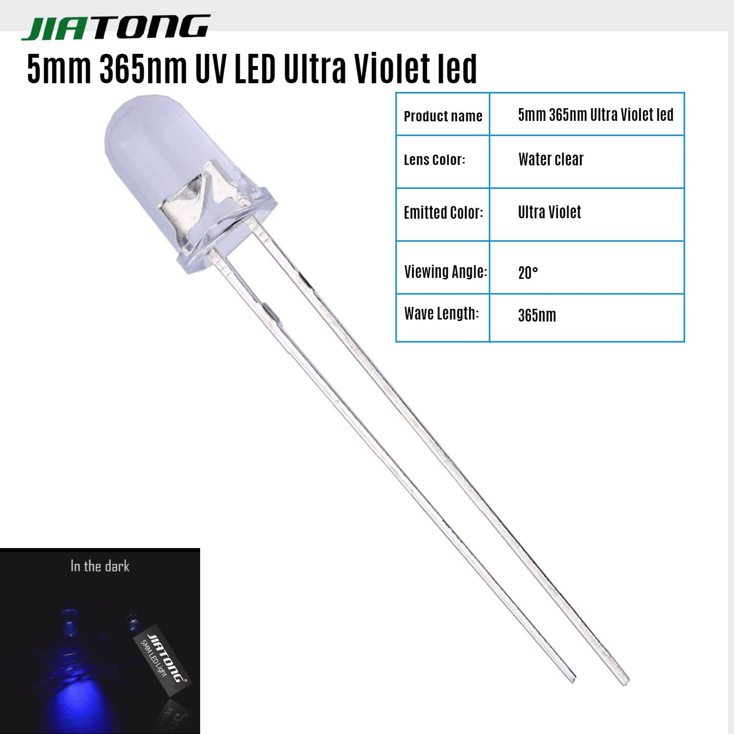 20pcs 5mm 365nm UV LED Ultra Violet led (20mA) JIATONG