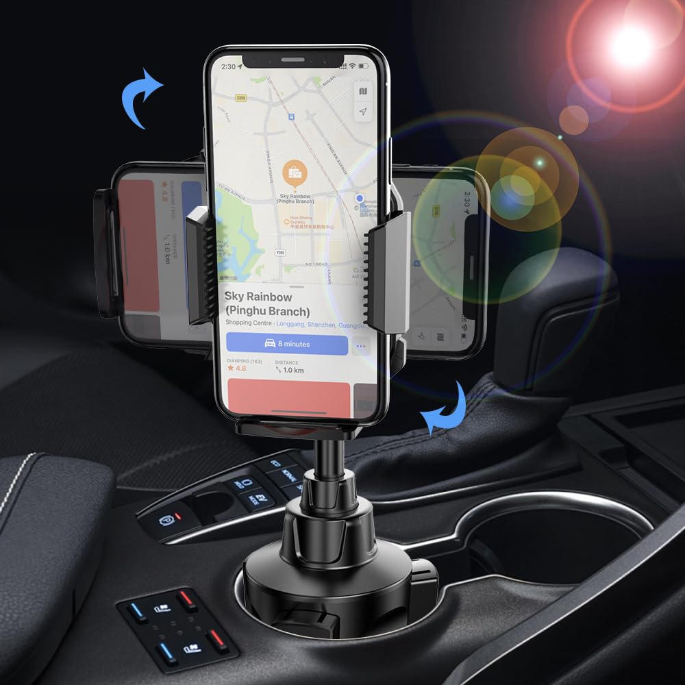 Car Cup Holder Phone Mount, 360° Rotating Clip, Retractable Rotatable Rod, One-Touch Operation, Anti-Shake Car Phone Holder Fit 2.76-3.78in Base
