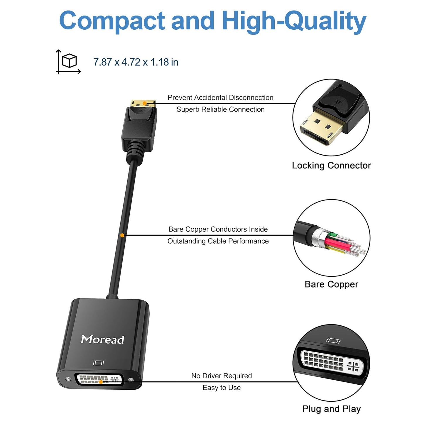 Moread DisplayPort (DP) to DVI Adapter, Gold-Plated Display Port to DVI-D Adapter (Male to Female) Compatible with Computer, Desktop, Laptop, PC