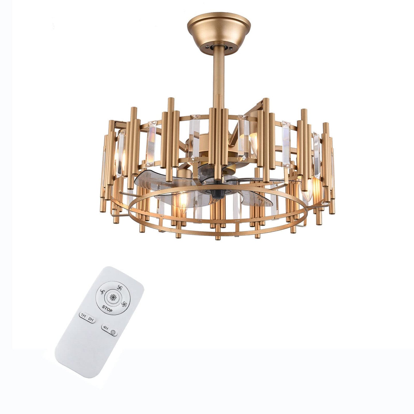 YINZINR Gold Caged Ceiling Fan with Light, 20" Modern 3 Speeds Remote Control Round Timing LED Chandelier, Flush Mount Fan Chandelier, for Living Room