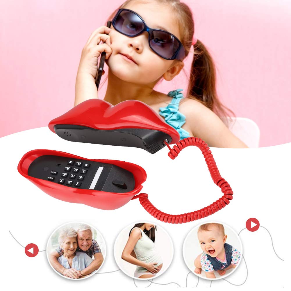 Corded Landline Phone, Multi Functional Cute Red Lip Shape Telephone Classic Old Retro Desk Telephone for Home Hotel Office Decoration Kids Gift