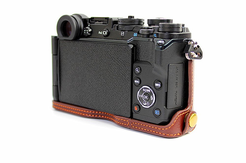 PEN-F Case, BolinUS Handmade Genuine Real Leather Half Camera Case Bag Cover for Olympus PEN-F Bottom Opening Version + Hand Strap - Coffee