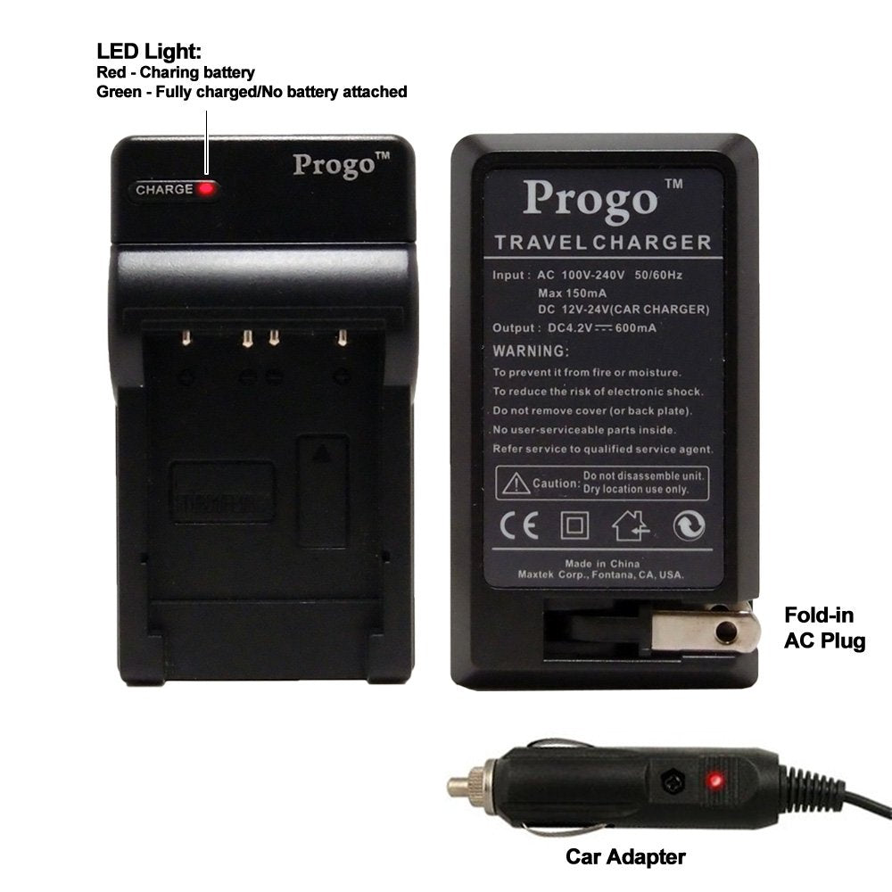 Progo NB-8L Digital Camera Battery Rapid Home & Travel Charger with Car Adapter for Canon NB-8L. Works for Canon Powershot A2200, A3100, A3000, A3200