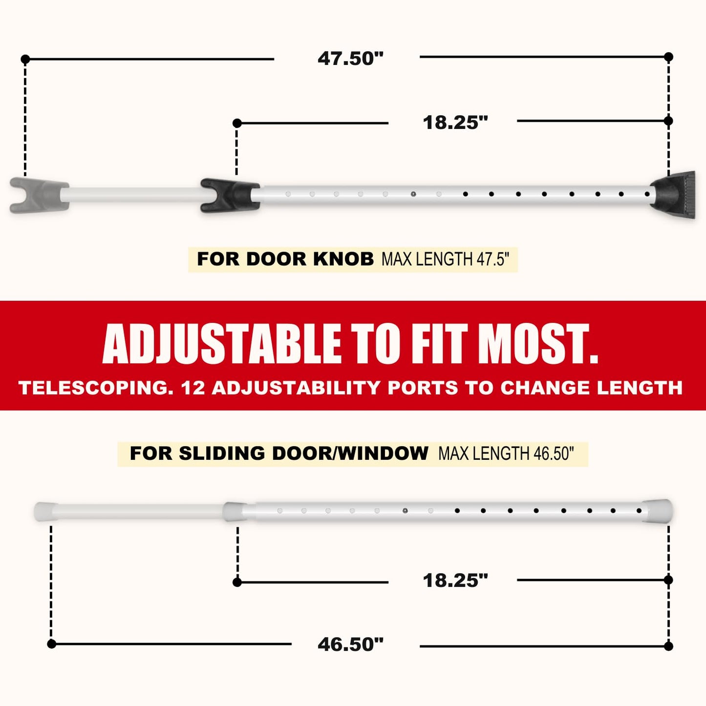 Securityman Door Security Bar with Alarm (Detachable) - 120dB Siren Door Stopper Alarm - Adjustable Jammer & Patio Bar - Strong, Withstands 400lbs