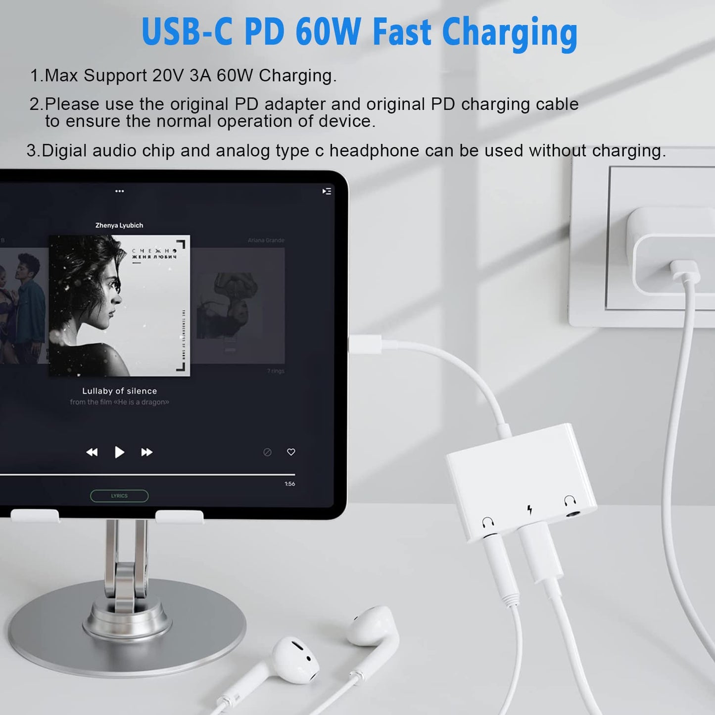 SkySmile USB C to 3.5mm Audio Adapter, Aux Headphone Jack Splitter with Fast Charging Port, Type-C to Dual Earphone Converter