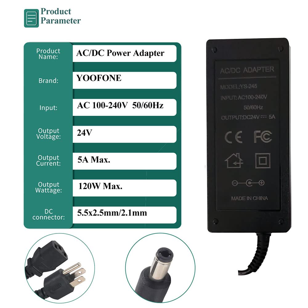 24V Power Supply 24V 5A Power Adapter AC 100-240V to DC 24 Volt 5A 4A 2A Switching Power Supply AC/DC Transformers with 5.5mm X 2.5mm Plug for LED…