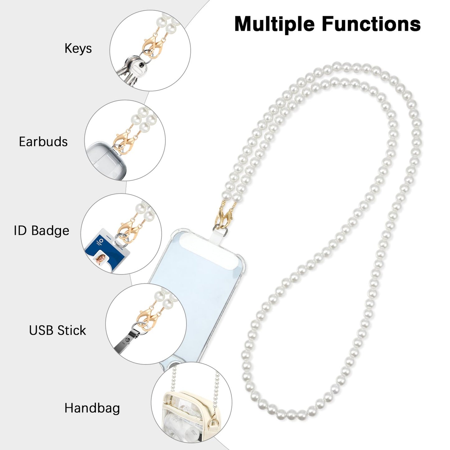 MoKo Universal Phone Lanyard, Pearl Beaded Cell Phone Chain Crossbody Strap Anti-Theft Detachable Women Cellphone Lanyards Around The Neck