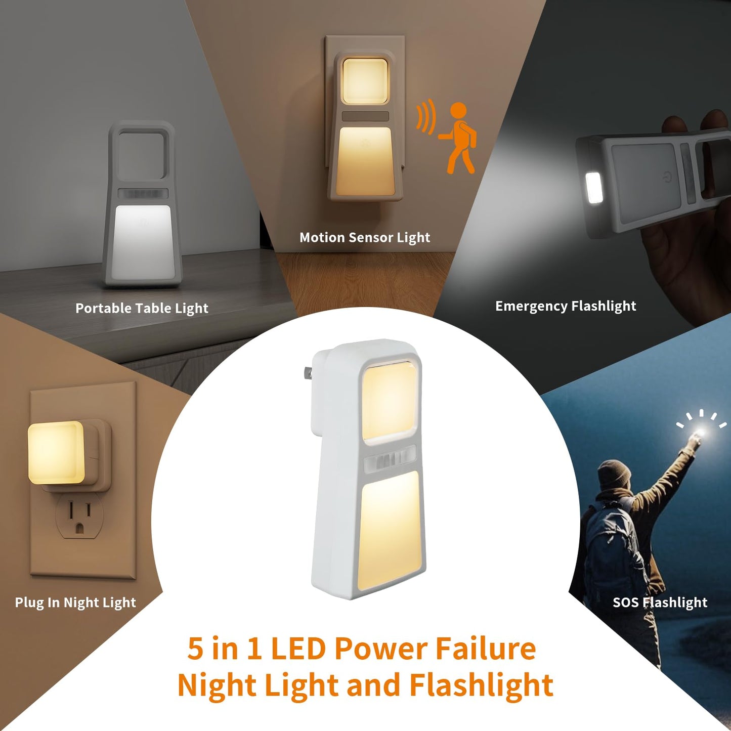 Dawnrise 3 Pack 5-in-1 Power Failure Night Light, Multifunctional Motion Sensor Nightlights, Plug in Night Lights, Emergency Lights
