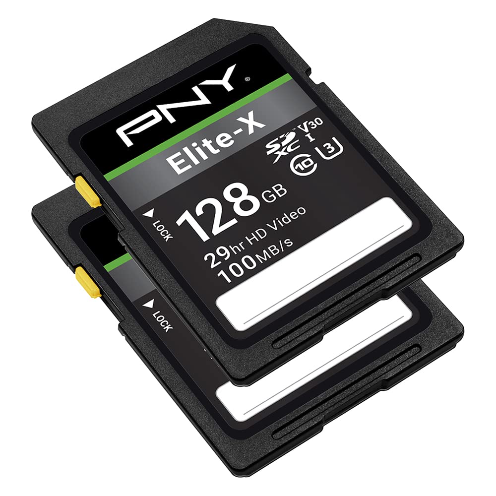 PNY 128GB Elite-X Class 10 U3 V30 SDXC Flash Memory Card - 100MB/s, 4K UHD, HD, UHS-I, Full Size SD (Pack of 2)
